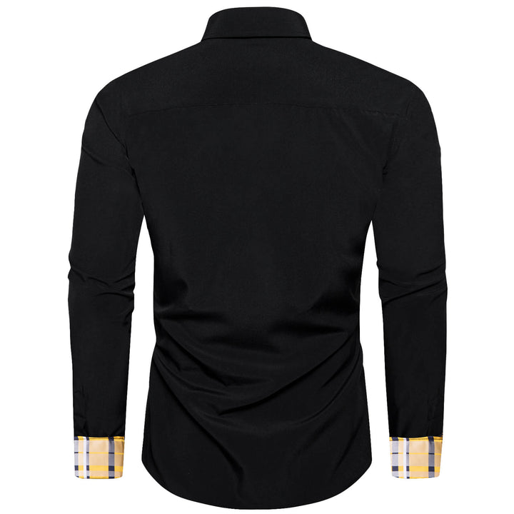 Black Solid Yellow Plaid Splicing Silk Shirt