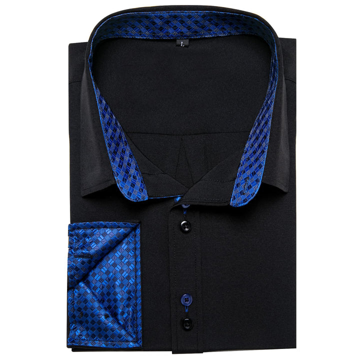  Black Solid Blue Plaid Splicing Silk Shirt