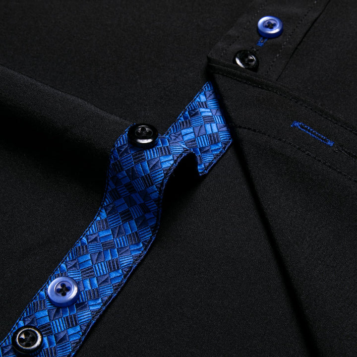  Black Solid Blue Plaid Splicing Silk Shirt、
