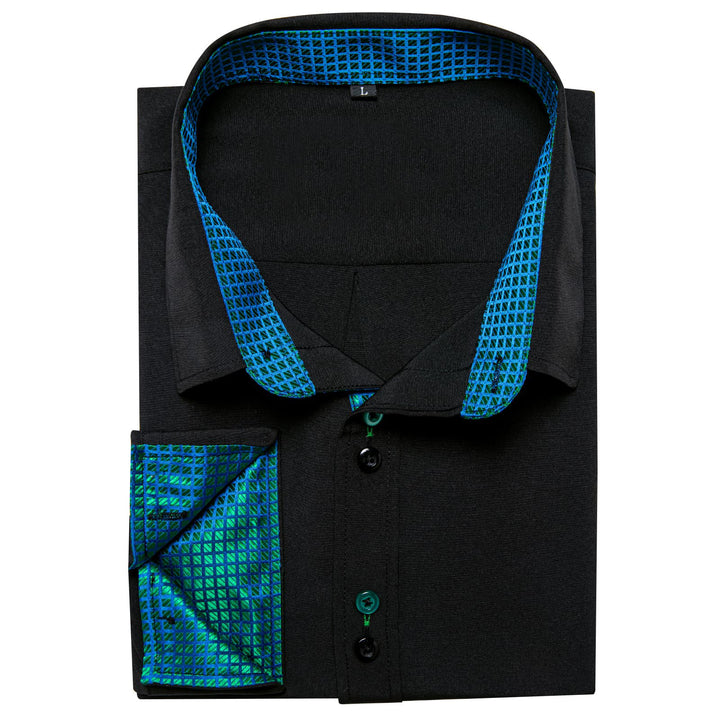 Black Solid Green Plaid Splicing Silk Button Down Shirt