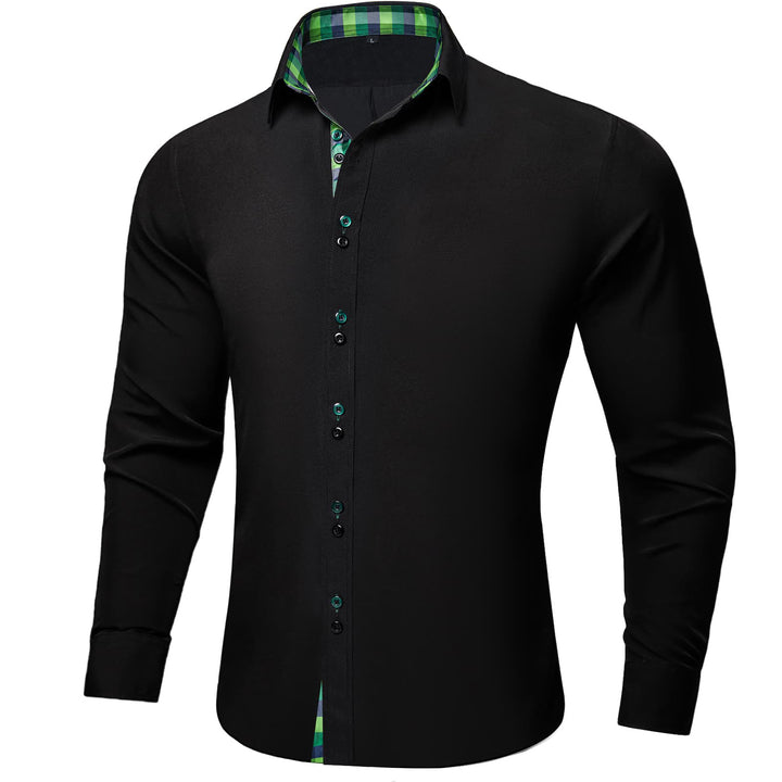 Black Solid Green Blue Plaid Splicing Silk Button Down Shirt
