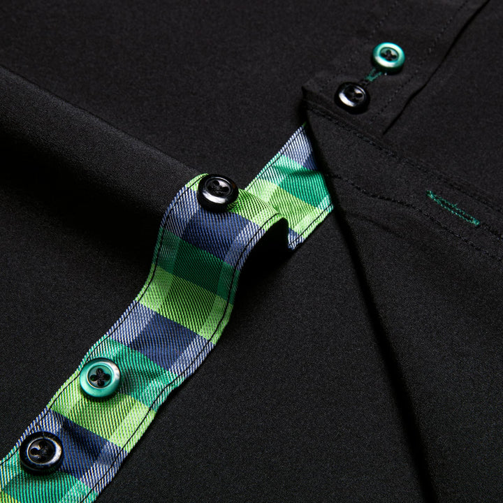 Black Solid Green Blue Plaid Splicing Silk Button Down Shirt