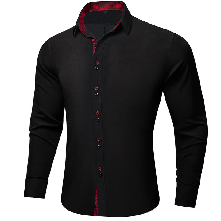  Black Solid Red Plaid Splicing Silk Button Down Shirt
