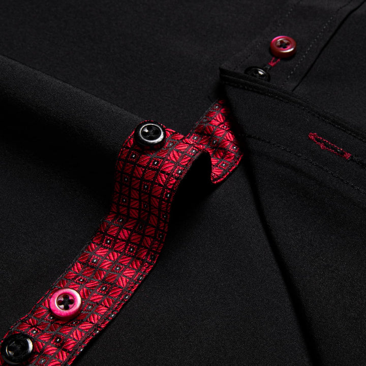  Black Solid Red Plaid Splicing Silk Button Down Shirt