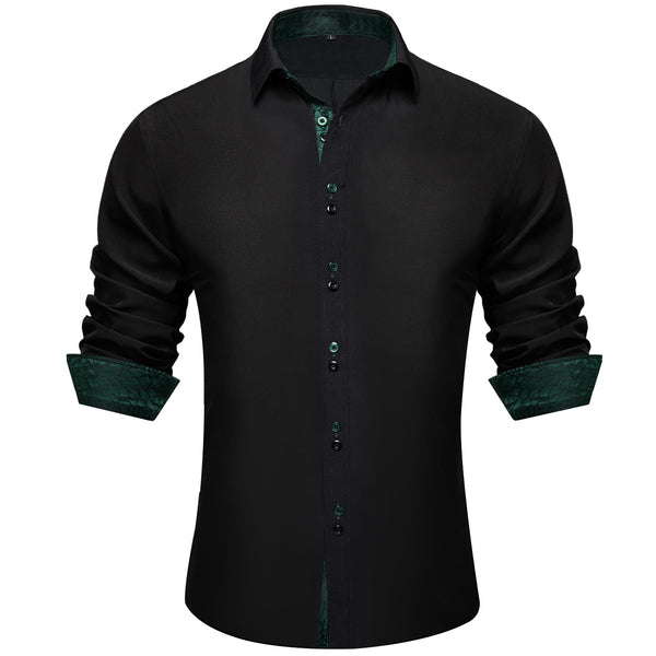 Black Solid Green Splicing Silk Long Sleeve Shirt