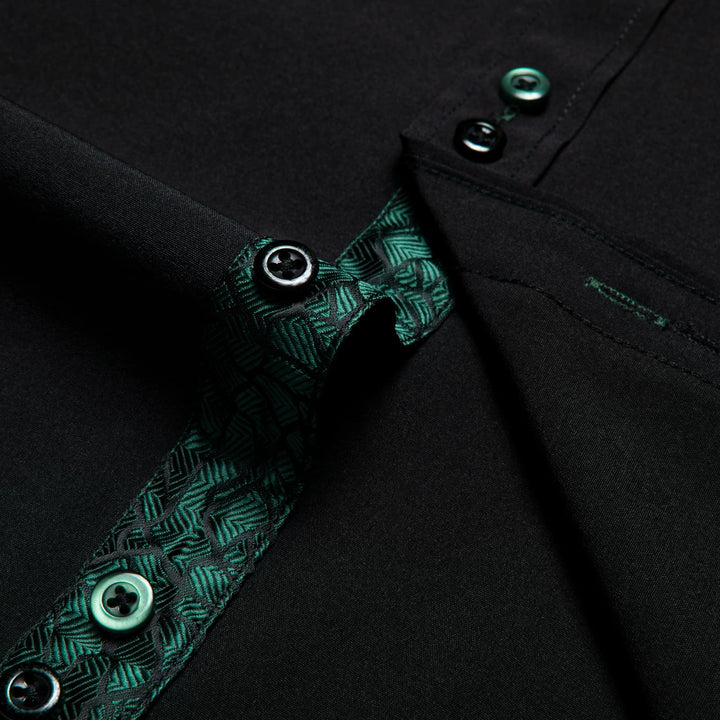 Black Solid Green Splicing Silk Long Sleeve Shirt