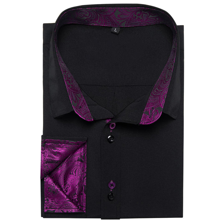 Black Solid Purple Splicing Silk Long Sleeve Shirt