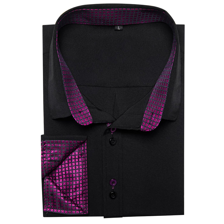 Black Solid Purple Plaid Splicing Silk Long Sleeve Shirt