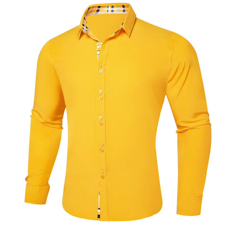  Canary Yellow Solid Splicing Silk Long Sleeve Shirt