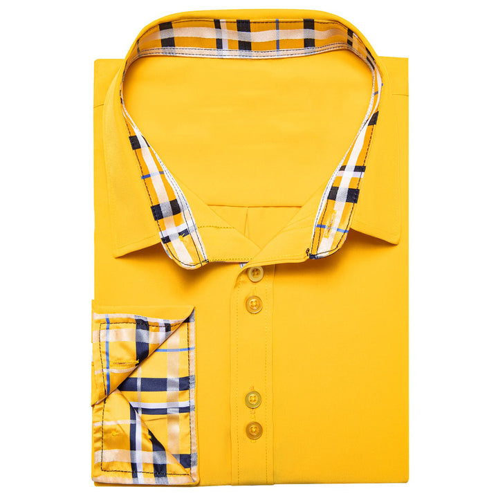  Canary Yellow Solid Splicing Silk Long Sleeve Shirt