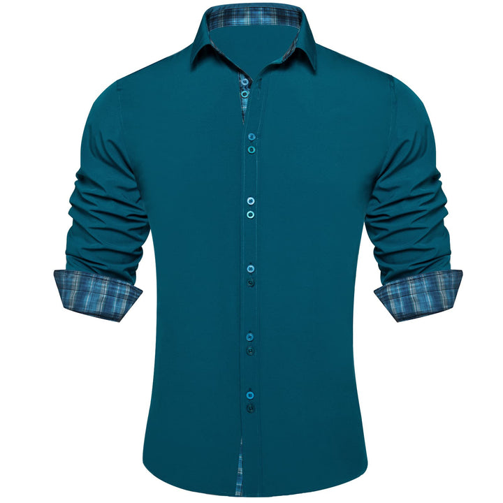 Aegean Blue Solid Splicing Silk Long Sleeve Shirt