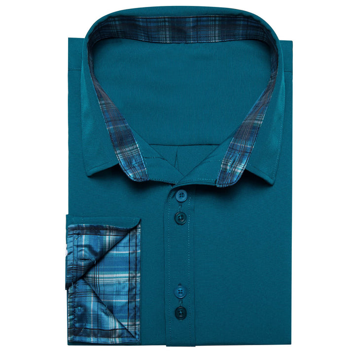 Aegean Blue Solid Splicing Silk Long Sleeve Shirt