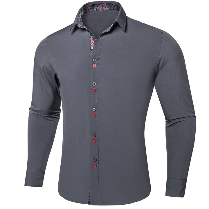 Smoke Grey Solid Splicing Silk Long Sleeve Shirt