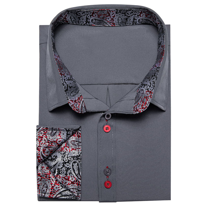 Smoke Grey Solid Splicing Silk Long Sleeve Shirt