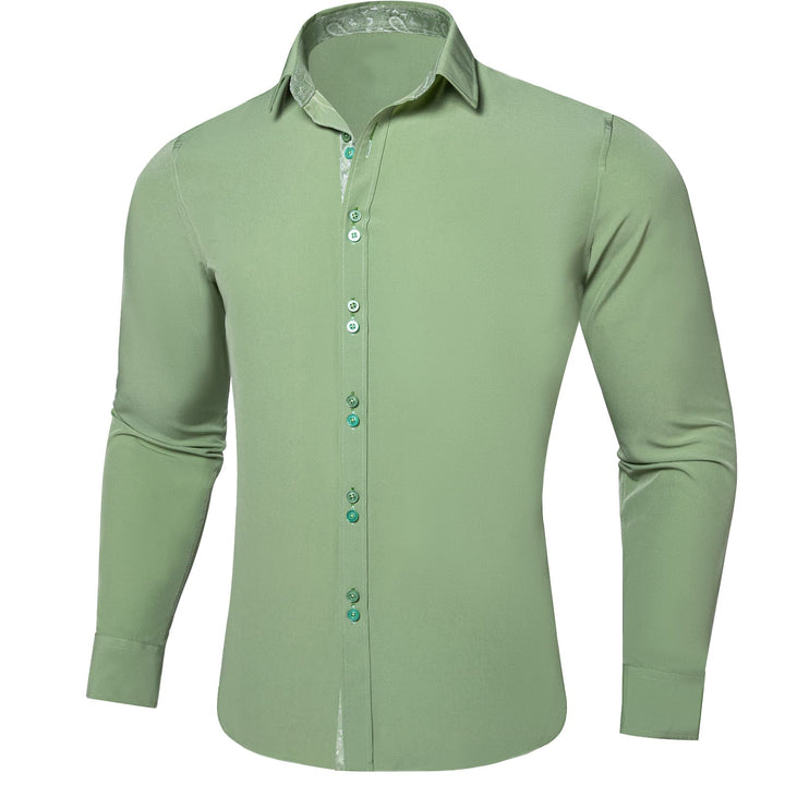 Sage Green Solid Splicing Silk Button Down Shirt
