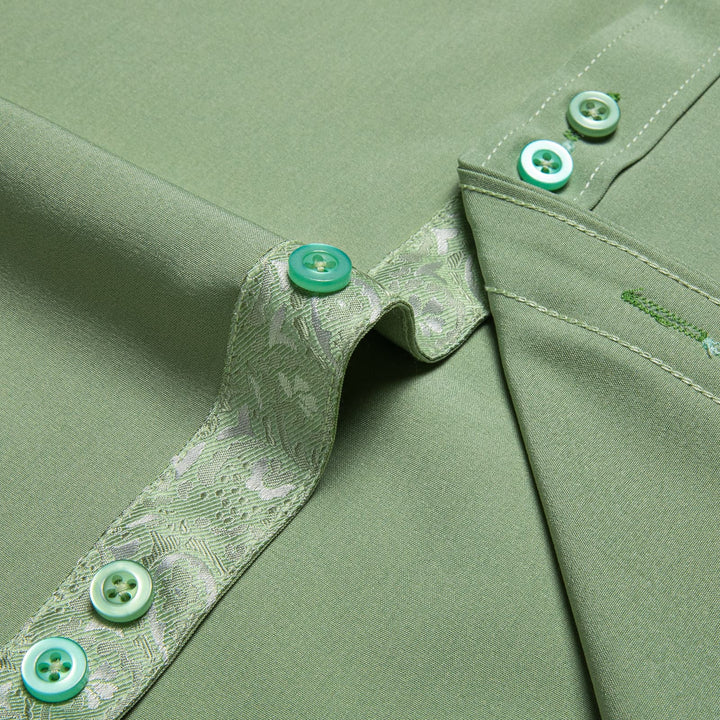 Sage Green Solid Splicing Silk Button Down Shirt