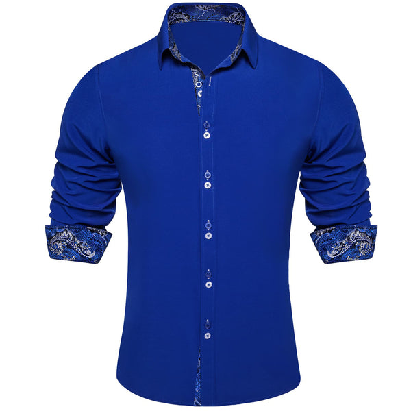  Admiral Blue Solid Splicing Silk Button Down Shirt