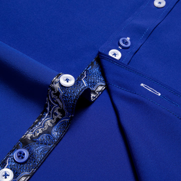  Admiral Blue Solid Splicing Silk Button Down Shirt