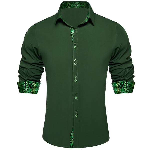 Pine Green Solid Splicing Silk Button Down Shirt