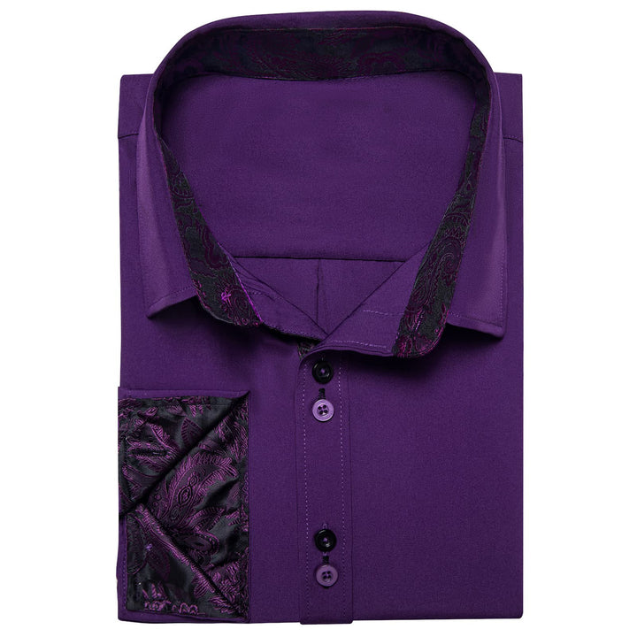  Deep Purple Solid Splicing Silk Button Down Shirt