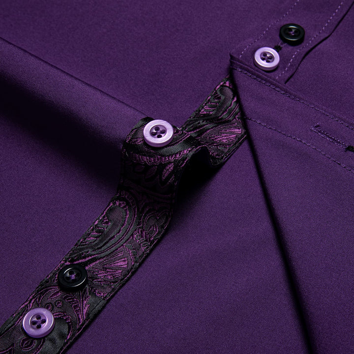  Deep Purple Solid Splicing Silk Button Down Shirt