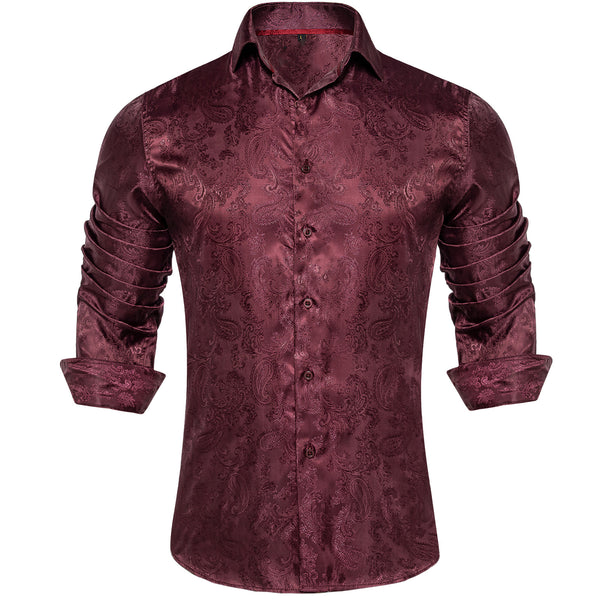 Vermilion Red Paisley Style Silk Men's Long Sleeve Shirt