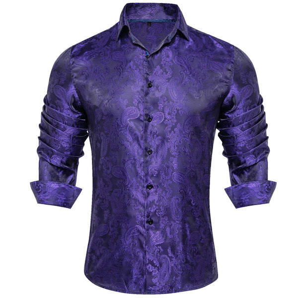 Dark Purple Paisley Style Silk Men's Long Sleeve Shirt