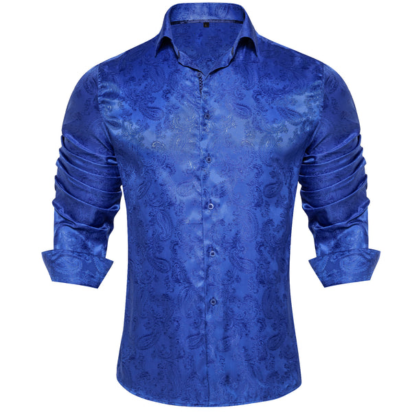 Klein Blue Paisley Style Silk Men's Long Sleeve Shirt