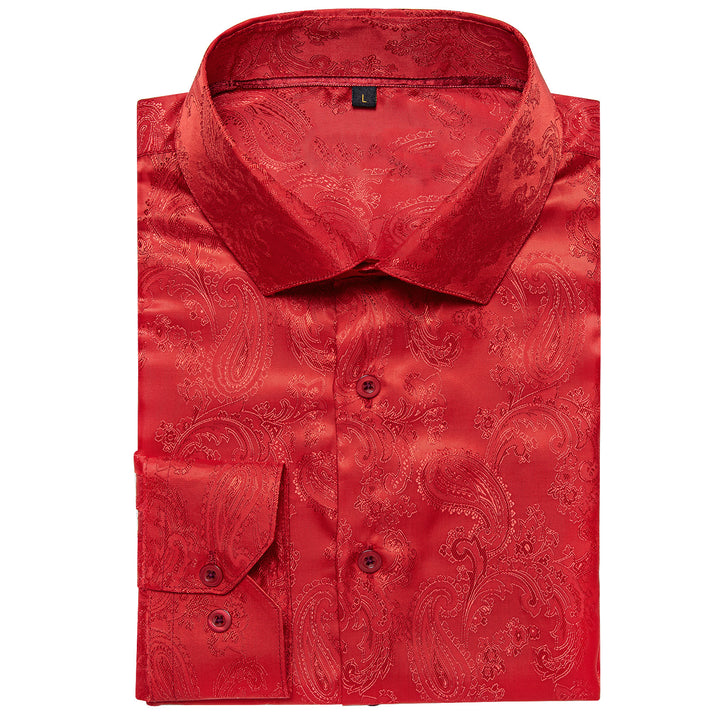 Bright Red Paisley Style Silk Men's Long Sleeve Shirt