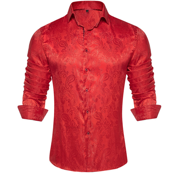 Bright Red Paisley Style Silk Men's Long Sleeve Shirt