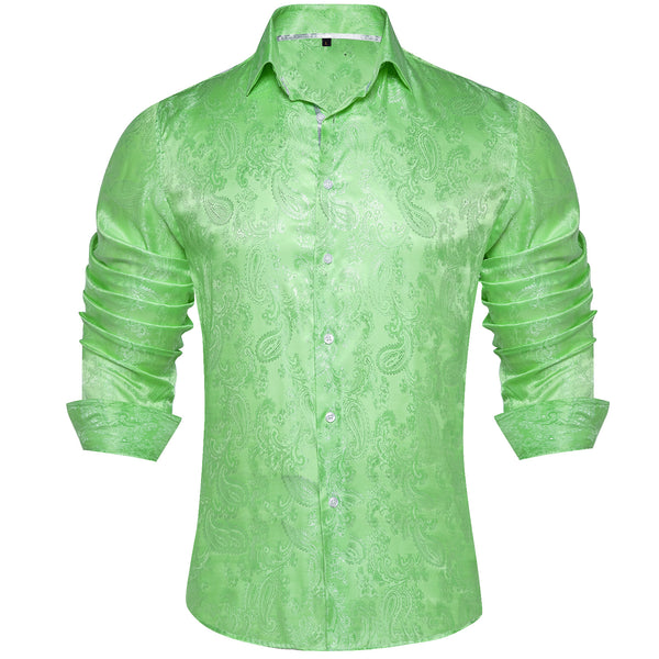 Fluorescent Green Paisley Style Silk Men's Long Sleeve Shirt