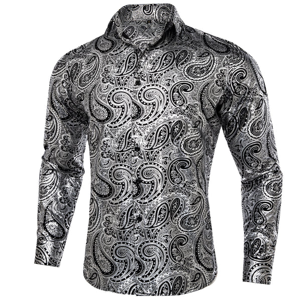 Silver Black Paisley Flower Hot Stamping Men's Long Sleeve Shirt