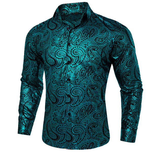 Teal Black Paisley Flower Hot Stamping Men's Long Sleeve Shirt