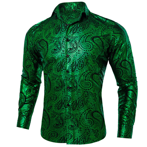 Emerald Green Black Paisley Flower Hot Stamping Men's Long Sleeve Shirt