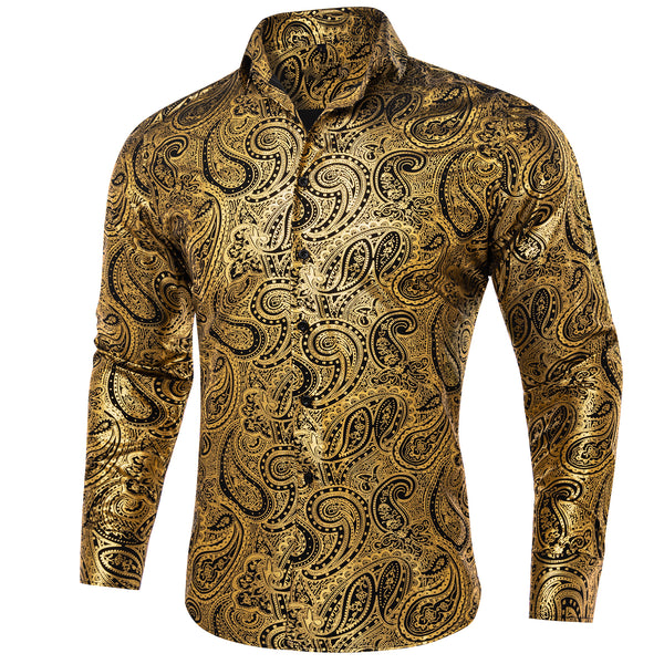 Golden Black Paisley Hot Stamping Men's Long Sleeve Shirt