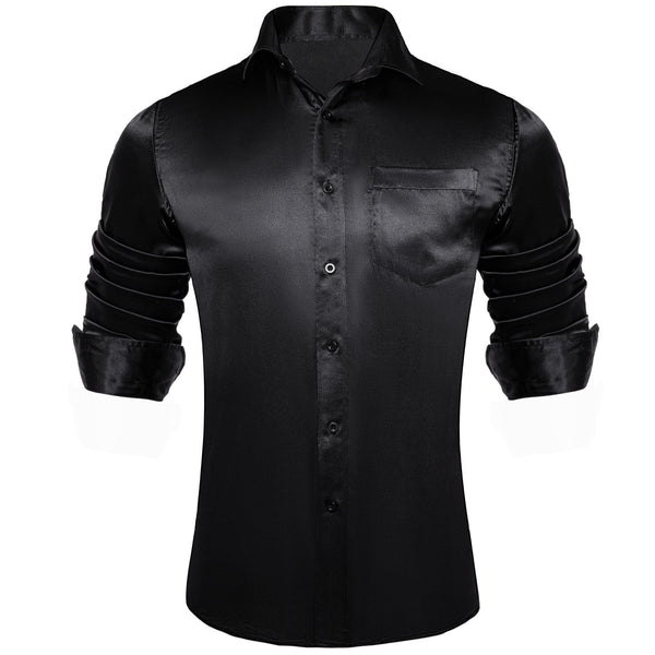 Black Solid Satin Silk Men's Long Sleeve Business Shirt