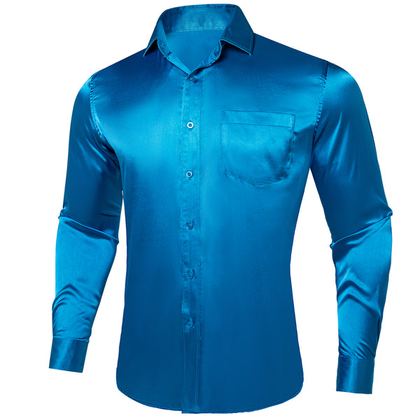 Blue Solid Satin Silk Men's Long Sleeve Business Shirt