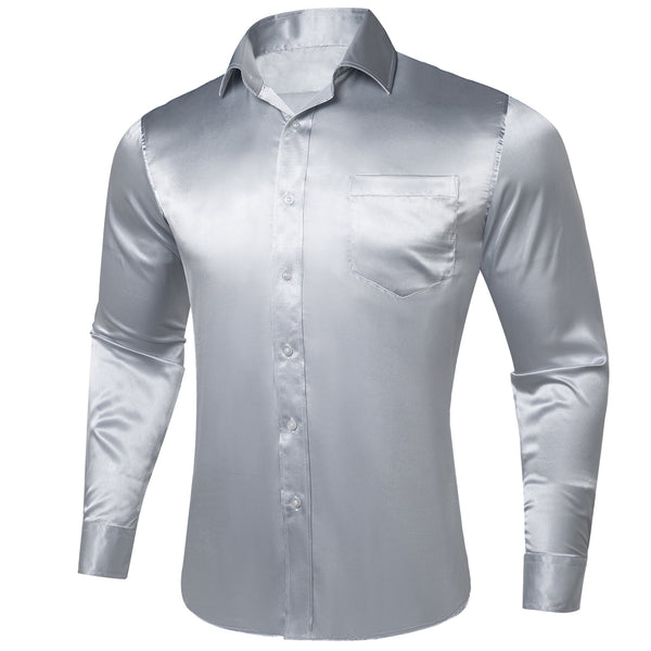 Silver Solid Satin Silk Men's Long Sleeve Business Shirt