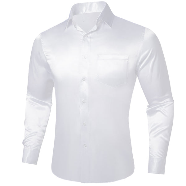 White Solid Satin Silk Men's Long Sleeve Business Shirt