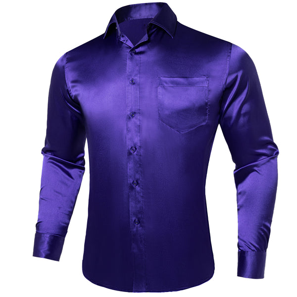 Dark Purple Solid Satin Silk Men's Long Sleeve Business Shirt