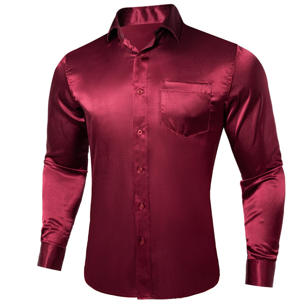 Burgundy Solid Satin Silk Men's Long Sleeve Business Shirt