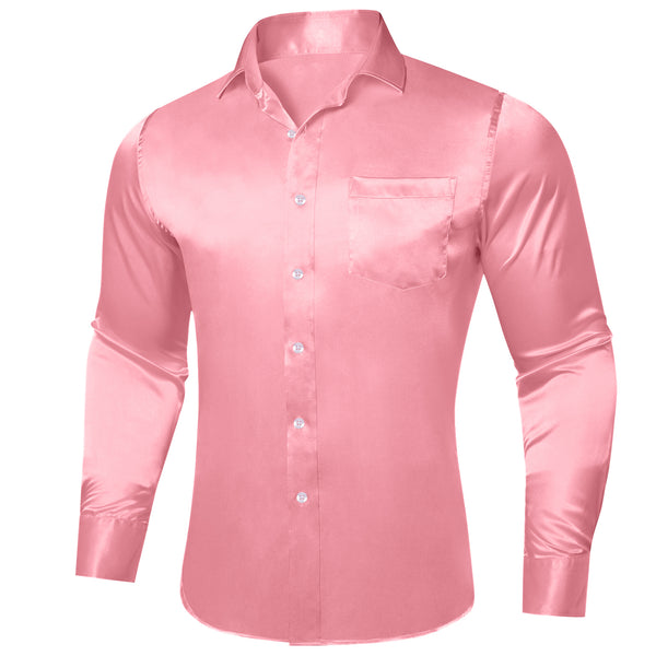 Pink Solid Satin Silk Men's Long Sleeve Business Shirt