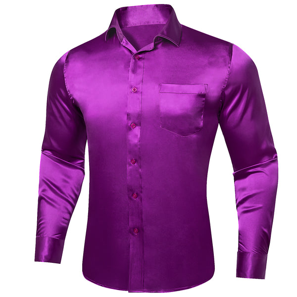 Violet Purple Solid Satin Silk Men's Long Sleeve Business Shirt