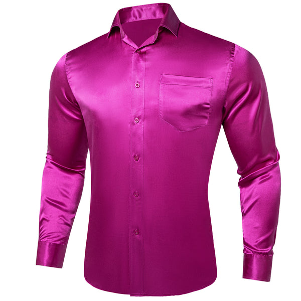 Red Violet Solid Satin Silk Men's Long Sleeve Business Shirt