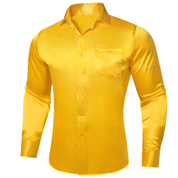 Amber Yellow Solid Satin Silk Men's Long Sleeve Business Shirt