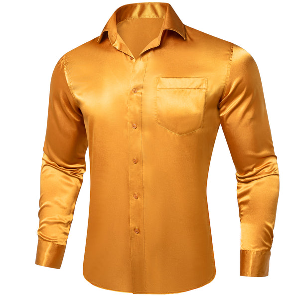 Golden Solid Satin Silk Men's Long Sleeve Business Shirt