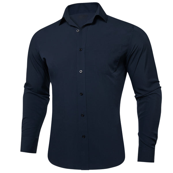 Dark Navy Blue Solid Silk Men's Long Sleeve Business Shirt