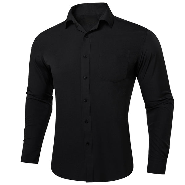 Black Solid Silk Men's Long Sleeve Business Shirt