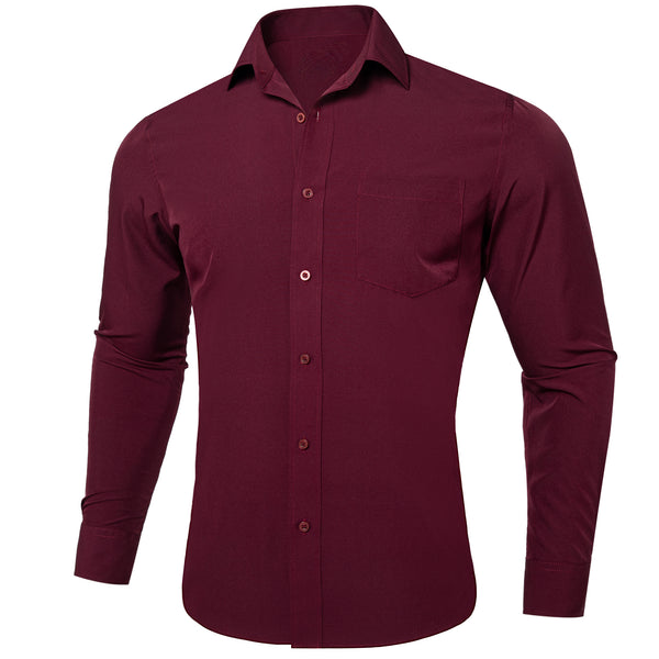 Burgundy Solid Silk Men's Long Sleeve Business Shirt