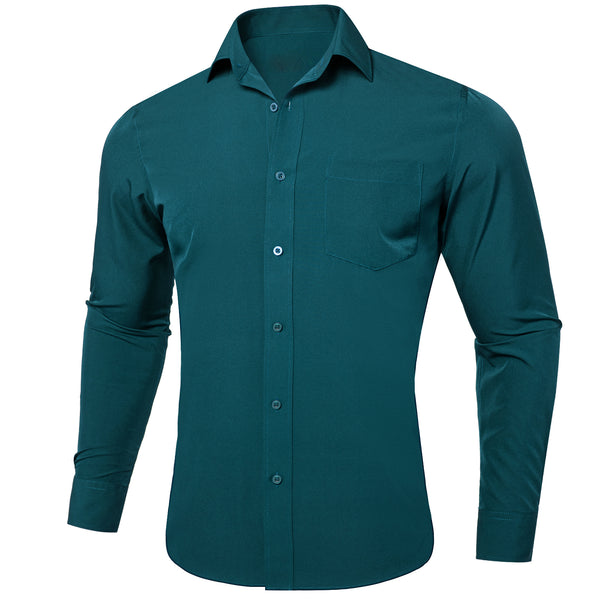 Nile Blue Solid Silk Men's Long Sleeve Business Shirt